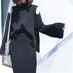 2017 корейская мода осень платье крючком комплект новый сексуальный полые без бретелек вязаная юбка расклешенными рукавами свитер и юбка