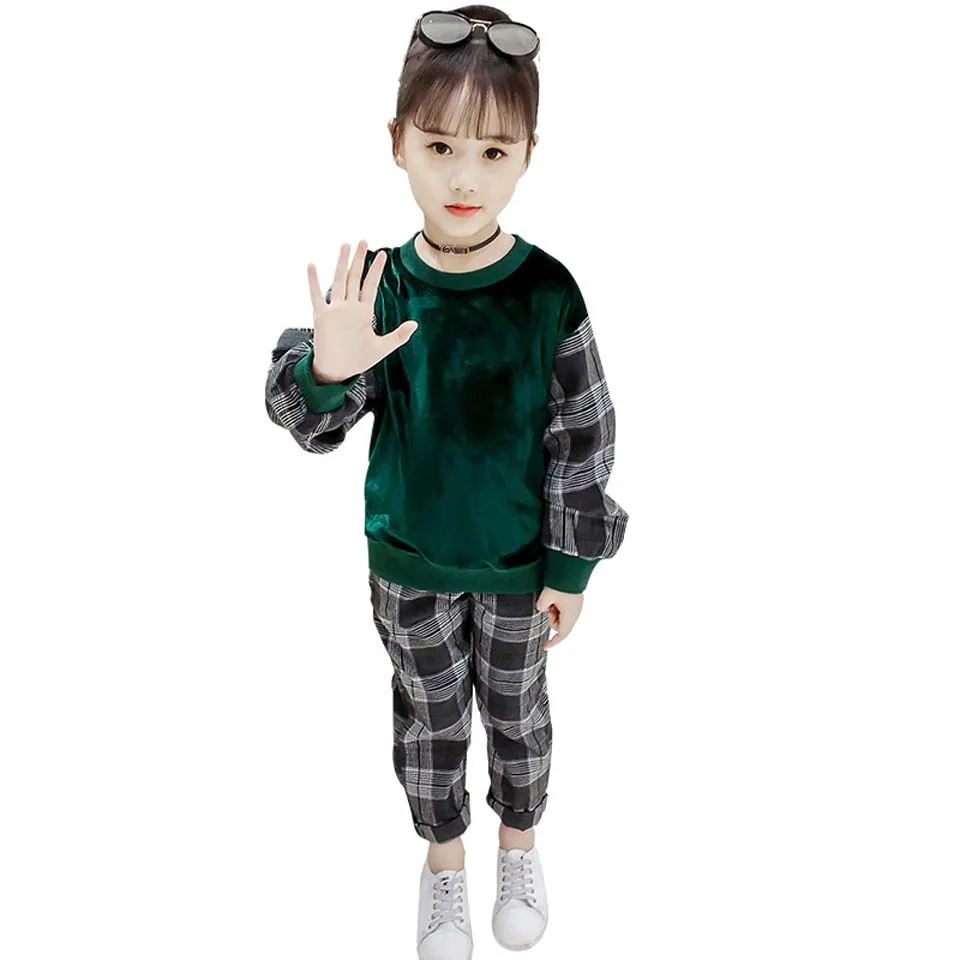

Teenage Girls Clothing Set 2019 Cotton Plaid T-shirts Top Pant Two Pieces Sets For Kids 8 9 10 11 12 13 Years Old