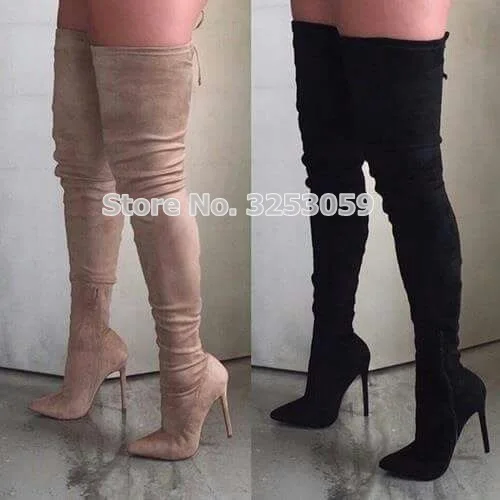 Лидер продаж бежевые замшевые высокие сапоги ALMUDENA облегающие с острым носком