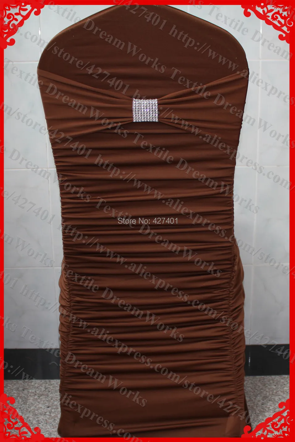 NO.31 Chocolate Brown Ruffled Lycra Chair Covers With Band And Silver