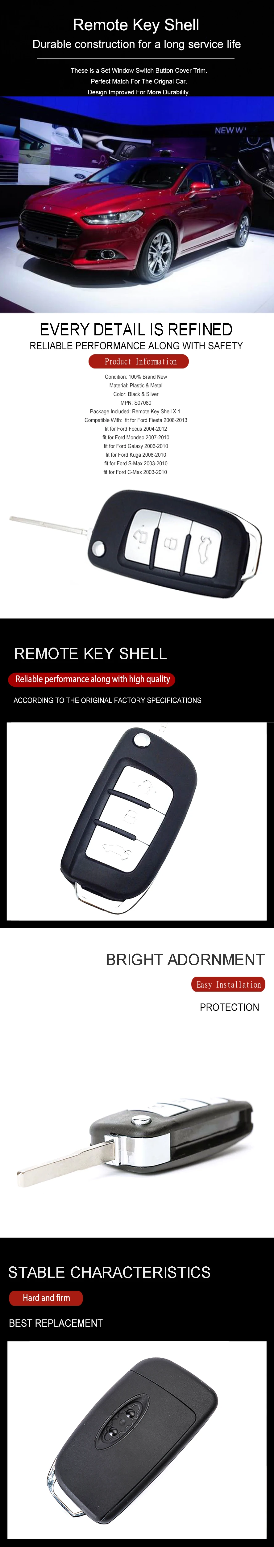 Wooeight 3 Buttons Car Remote Key Case Shell Modified For Ford Fiesta 2013 Focus Mondeo Galaxy Kuga S-Max C-Max 2008 2009 2010 (7)