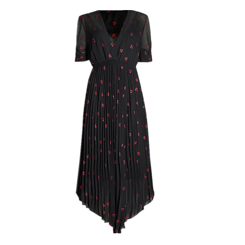 

Brand fashion women's high-end luxury summer elegant short-sleeved V-neck irregular love embroidery pleated maxi Dress
