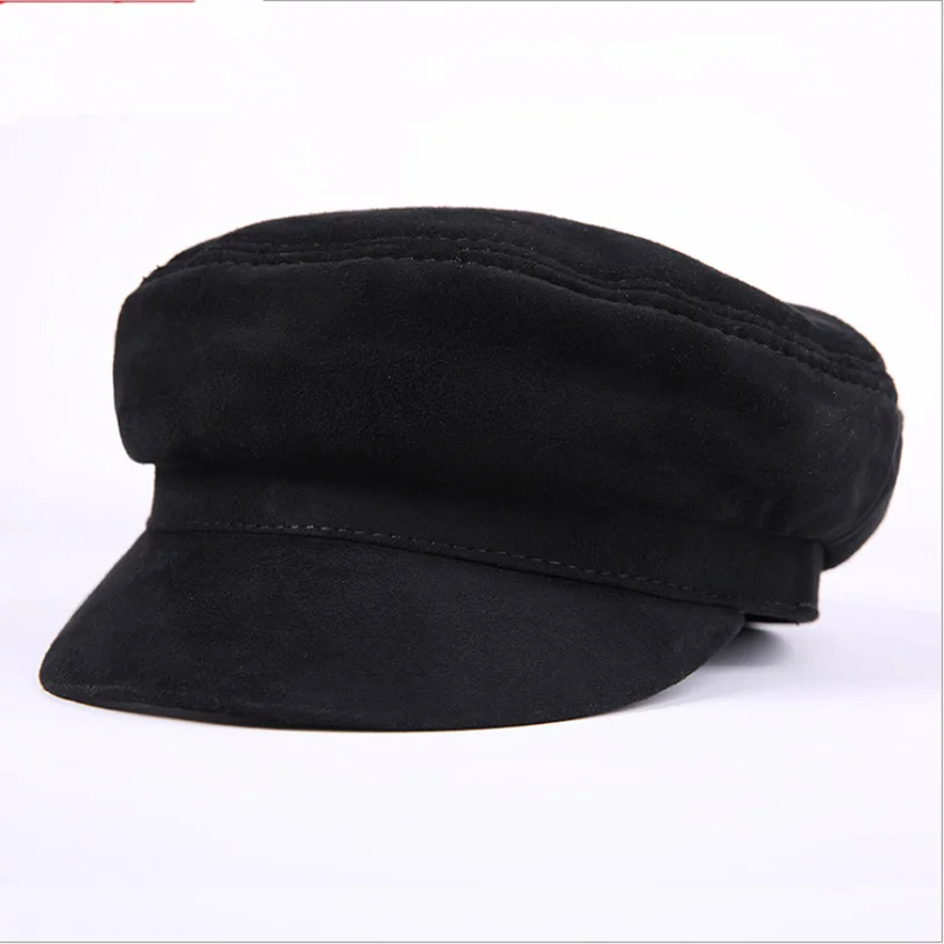 

Genuine Sheepskin Leather Caps Fashion Military Hats Luxury Design Visors Newsboy Cap MZ48