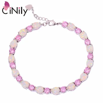 

CiNily Created White Fire Opal Pink White Stone Silver Plated Wholesale Jewelry for Women Chain Bracelet 7 3/8"-8 3/4" OS558-60