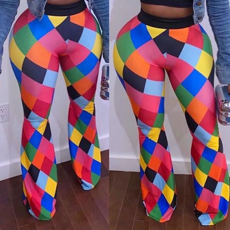 

Women New Summer Wide Leg Pants Casual Loose High Elastic Waist Harem Pants Loose Belt Colour Plaid Elasticated Trousers