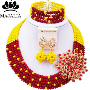 

Majalia Romantic African Jewelery Set Opaque red opaque yellow Crystal Beads Bride Jewelry Nigerian Wedding Jewelry Sets 5CC0024