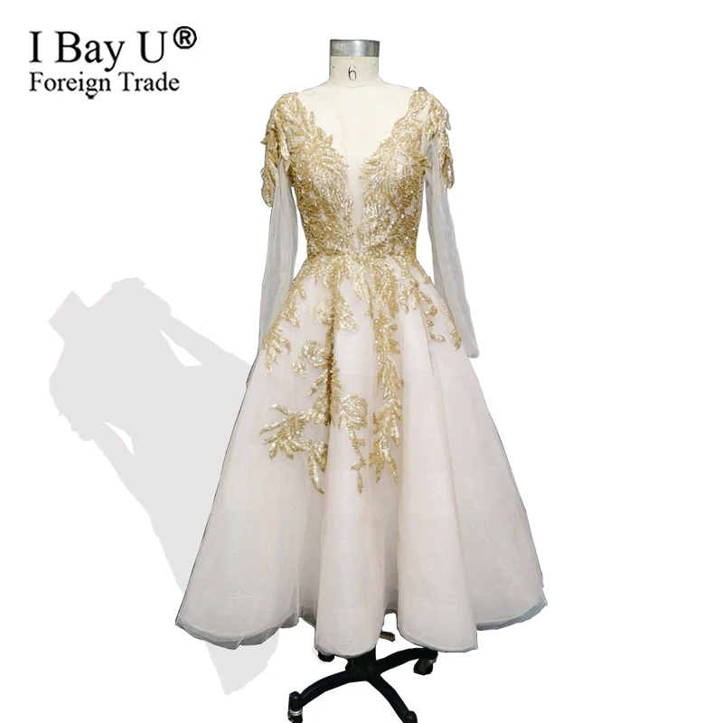 

Luxury Dubai Golden Lace Evening Dresses 2019 3D Flower Fashion Formal Evening Gowns Elegant Dress Party