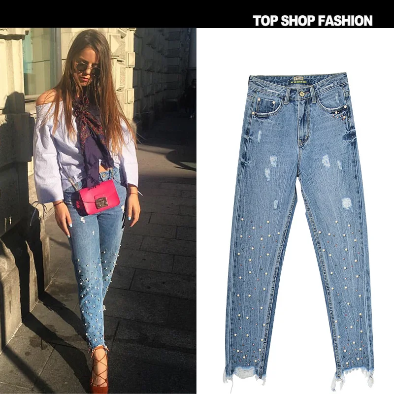 jeans with pearls at bottom