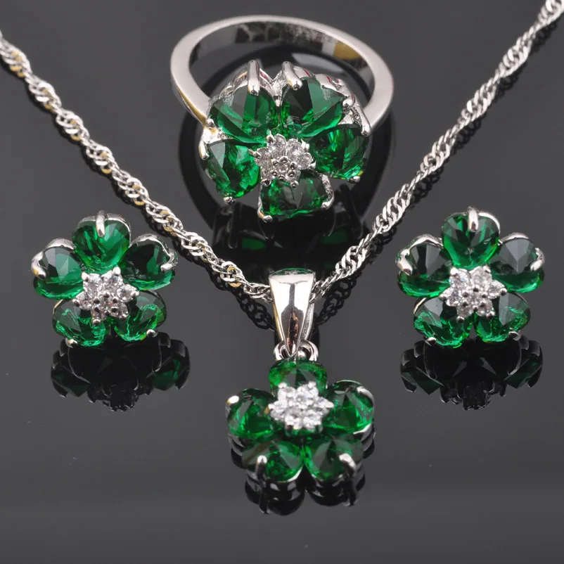 

Fashion Green Zirconia Flower Design For Women 925 Sterling Silver Bridal Jewelry Sets Necklace Pendant Earrings Ring QZ0541