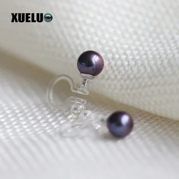 

XUELUO Fashion Natural Freshwater Round Black Pearl Earrings No Ear Hole U shape Transparent Pearl Clip Earrings
