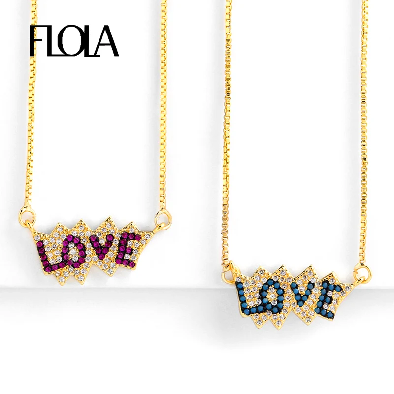 

FLOLA Trendy Love Necklace Pendant For Women CZ Long Necklaces Fashion Gold Jewelry Collares Largos Stone Necklace Long nkep21