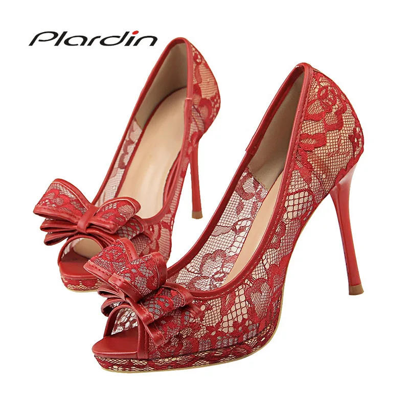 

Plardin New Lace Thin High Heel Pumps Spring Summer Women High Heels Shallow Butterfly-knot Woman SexyParty Wedding Ladies Shoes