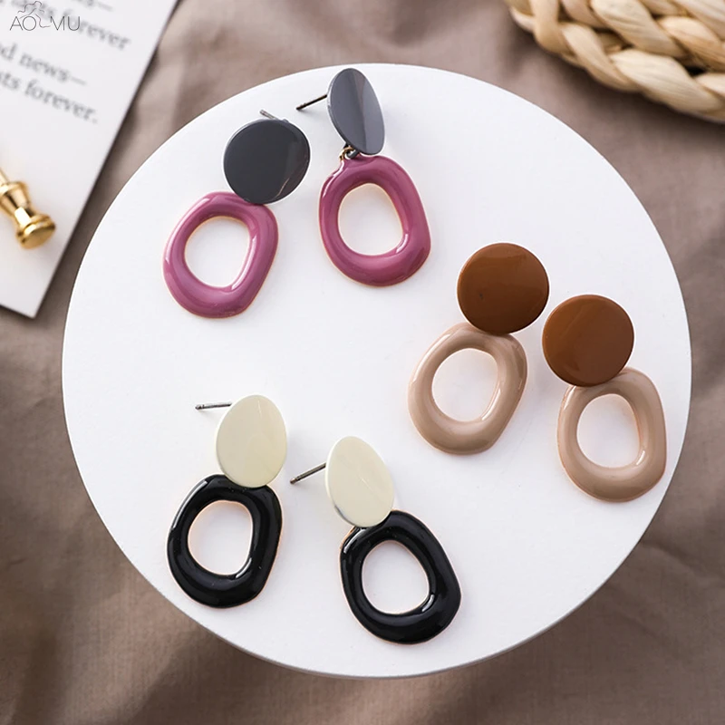AOMU, корейский винтажный дизайн, контрастные цвета, эмаль, неправильные геометрические овальные круглые металлические серьги-гвоздики для женщин, пляжные ювелирные изделия