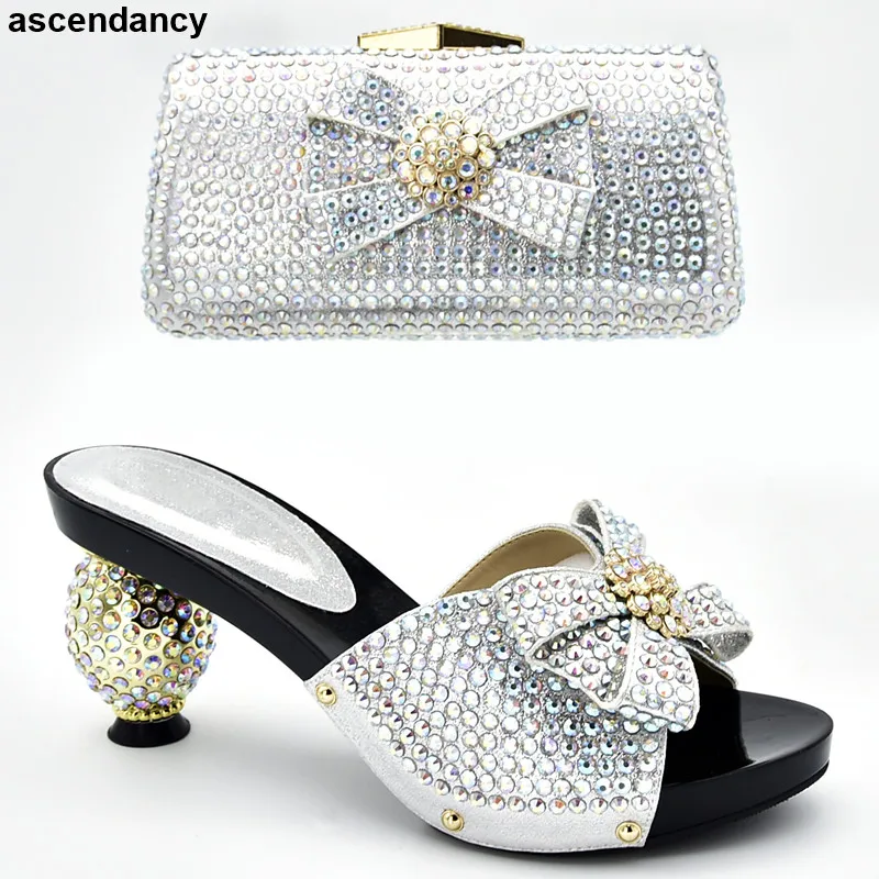 

Latest Luxury Shoes Women 2019 Italian Shoes with Matching Bags Set Decorated with Rhinestone Summer High Heeled Shoes for Women