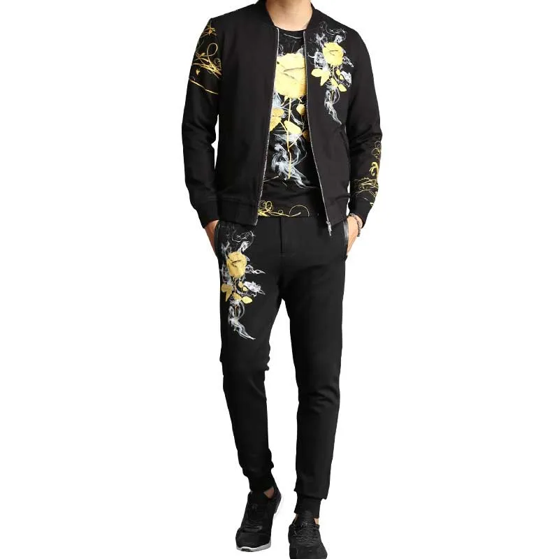 Retro Gilded Rose Floral Printed 3 Piece Sweat Set Tracksuit Men Hoodies Set Casual Slim Fit Jacket + Tshirt + Joggers Pants
