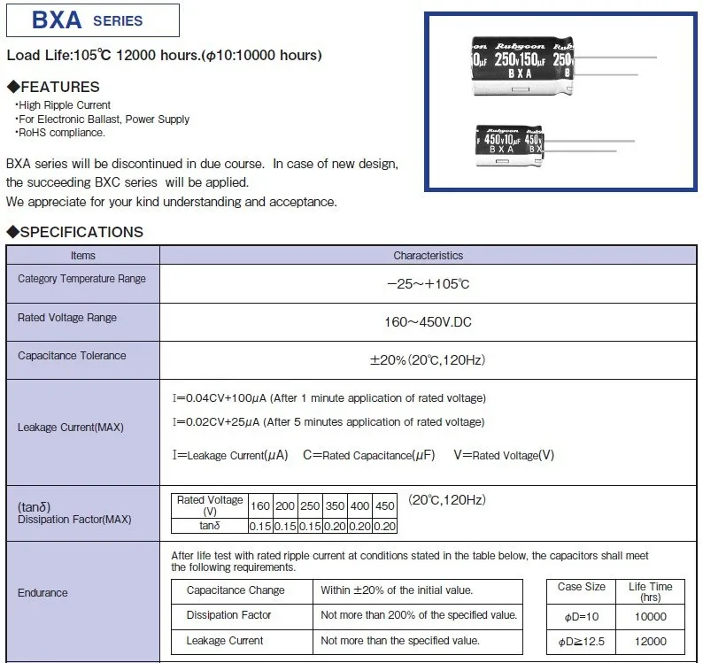 100 шт. 10 мкФ 400 В RUBYCON BXA 10x16 мм Высокая пульсация ток долгий срок службы 400V10uF алюминий электролитические конденсаторы