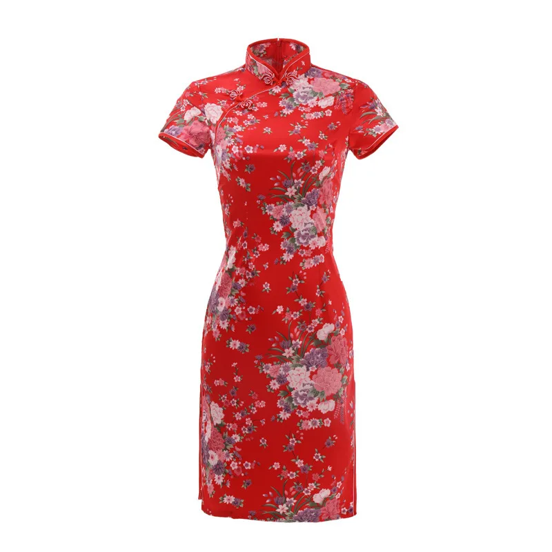 Sheng Coco 6XL красные цветы Cheongsam китайские короткие платья улучшение древнее традиционное китайское Ципао платье атласное Qi Pao 5XL