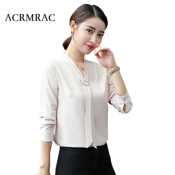 

ACRMRAC Women shirt Slim Autumn And Winter Solid color Long sleeve V-neck OL Formal Business Blouses & Shirts Women