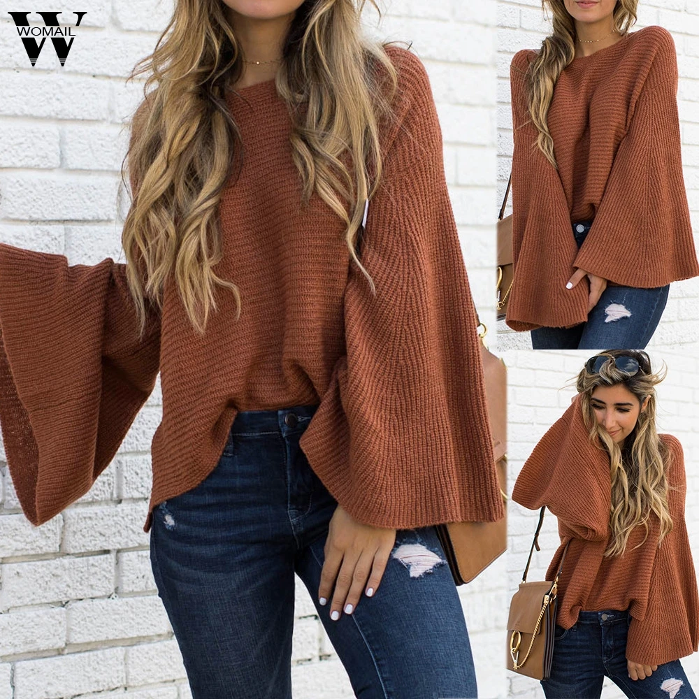 

New Womens Plus Size Long Sleeve grace Fashion Knitting Tops Flare Sleeve Sweater Blouse 2018