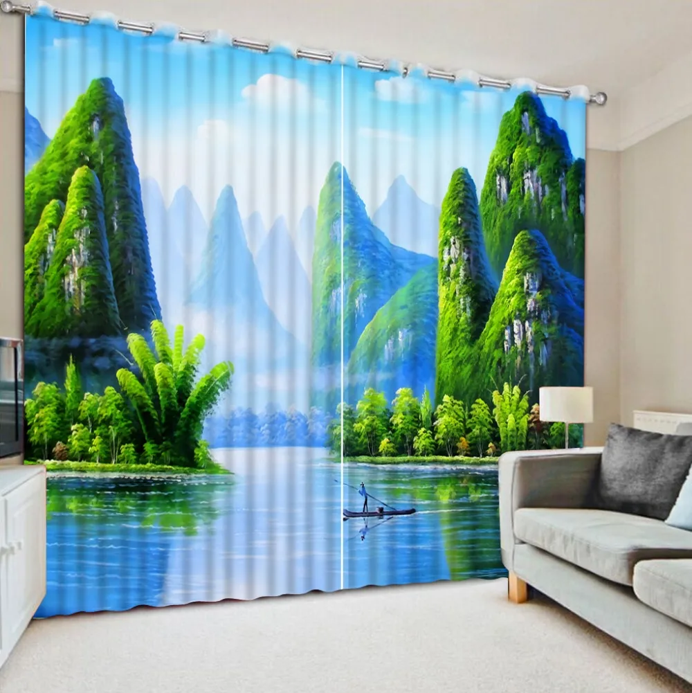 

High Quality Customize size Modern decorative window curtains green nature scenery window curtains for living room
