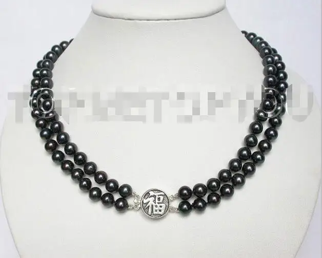 

Free Shipping >>Amazing! 2rows 17"-18" black round FW pearls necklace 925ss E609