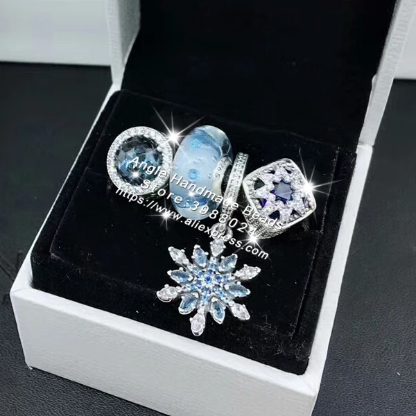 

4pcs Fashion Jewelry Set S925 Silver Blue ice Crystals Snowflakes Dangle Charms Fit Bracelet Necklaces Jewelry Making Woman Gift