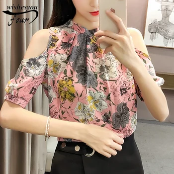 

New 2018 Summer Women Blouse Shirt Female Tops Printing Chiffon Clothing Fashion Cute Short Sleeve Stand Neck Blusas D675 30