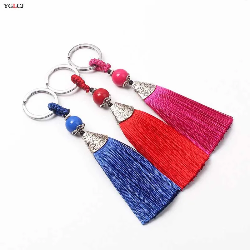 

Antique Silve Metal Alloy Flower Beads Ice Silk Tassel Keychain Keyring Car Key Chains Ring Porte Clef Bag Charm Key Holder Gift