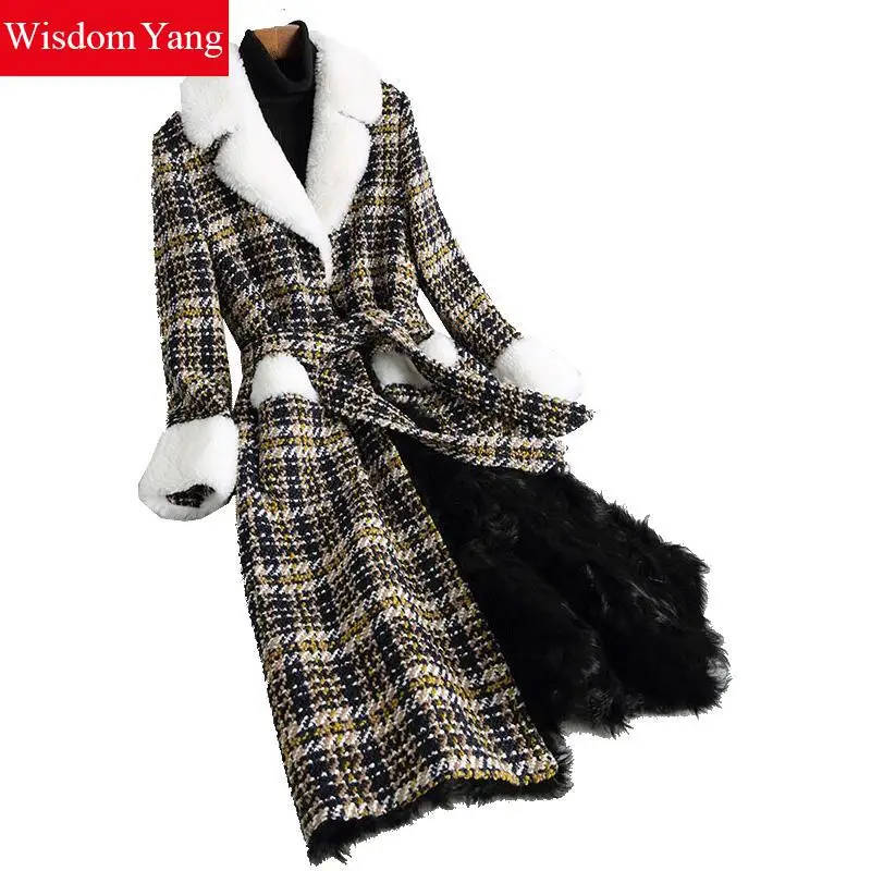 Survêtement Jaune De Chaud Laine Manteau Ceinture Angleterre Tweed Manteaux Bleu Picture Femmes 2018 Tonte Des Réel Moutons Hiver Mince See Plaid vYf7b6gy