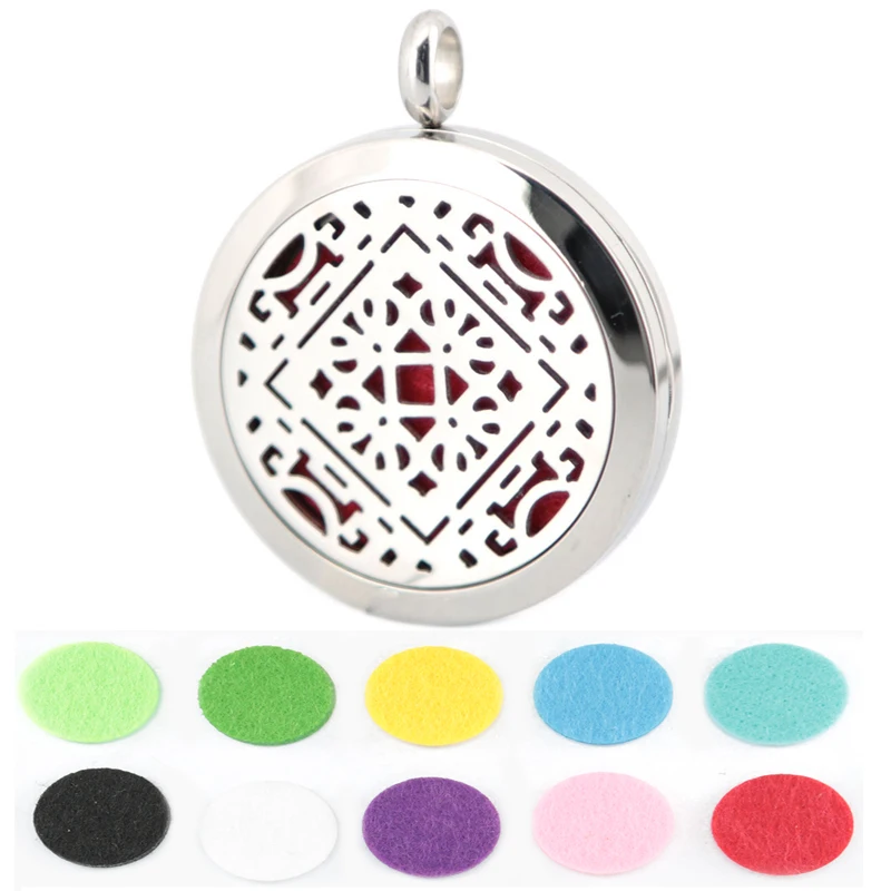 10pcs Round Silver Geometry 30mm Aromatherapy Oils Stainless Steel Perfume Diffuser Locket Necklace With Free chain and Pads
