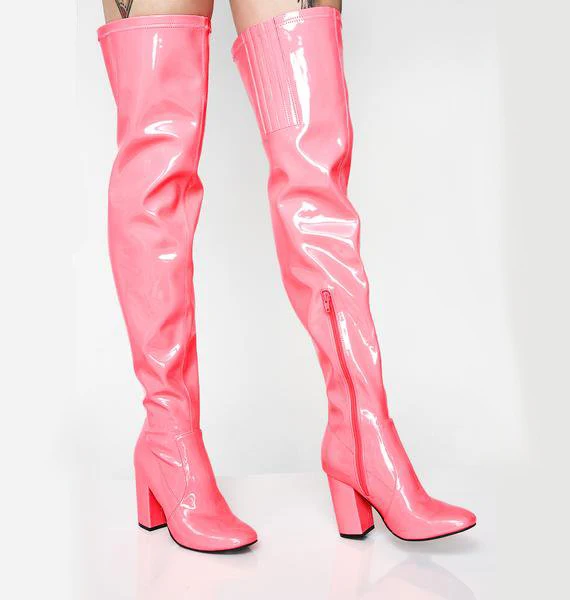 

Eunice Choo Patent Leather Over the Knee Long Boots Square Heels Side Zipper Party Boots Yellow Rosy Plus Size High Heels Shoes