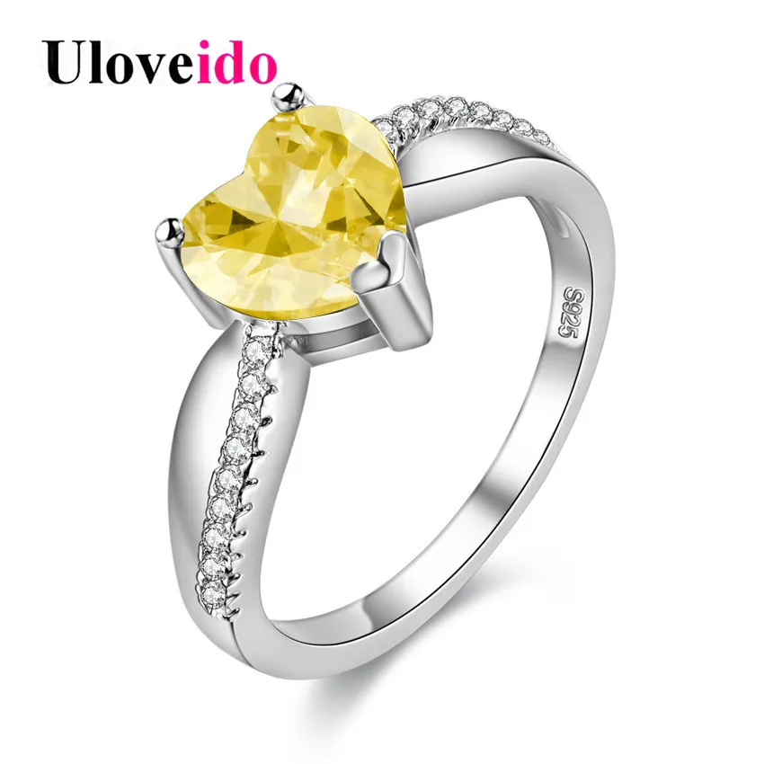 Uloveido Costume Jewelry Rings for Women Yellow Zircon Wedding Ring Female Heart Silver Color Bijoux Aneis Feminino Anel Y3051 | Украшения