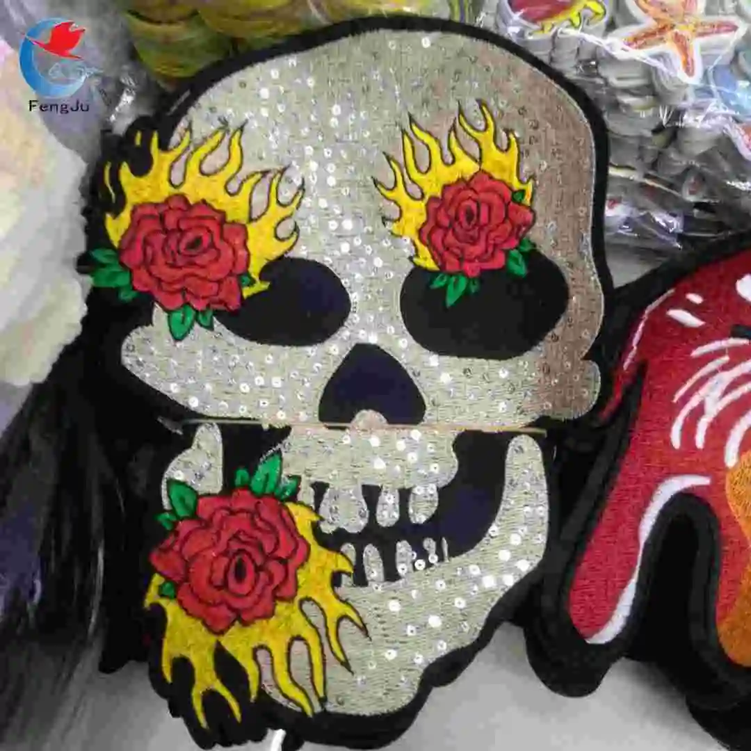 

FengJu Skull with flower Patches For Clothes Iron On Sequined Applique Sticker Applications Embroidery Patches Accessories 2pcs