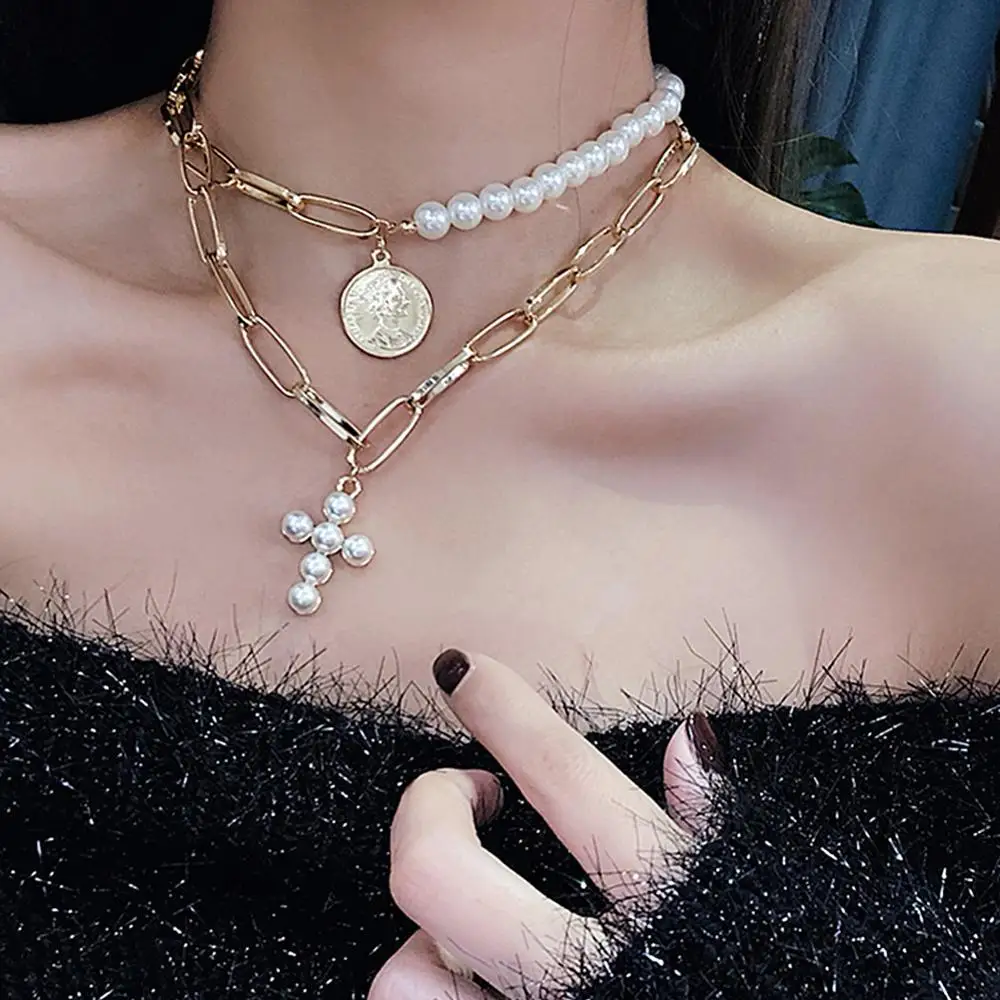 

Luxury Simulated Pearl Short Choker Necklaces Cross Multilayer Chain Portrait Pendant Necklace Fashion Jewelry For Women