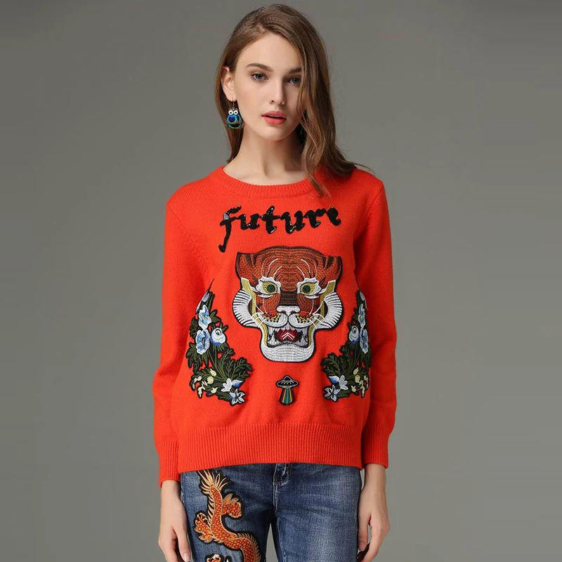 Luxury Brand Orange Red Sweaters Women 2018 Autumn Winter Long Sleeve