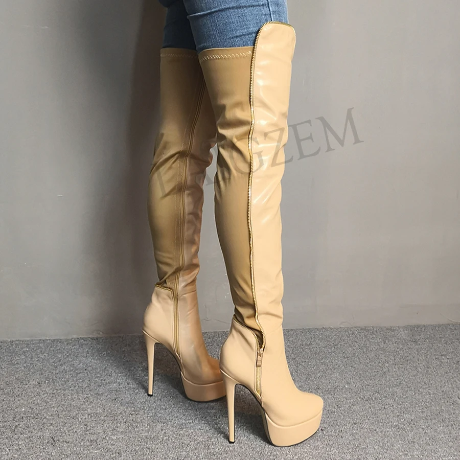 LAIGZEM Botines Mujer Women Thigh High Boots Elastic Wide Calf Platform High Heels Long Tall Party Club Shoes Large Size 34-52 (3)