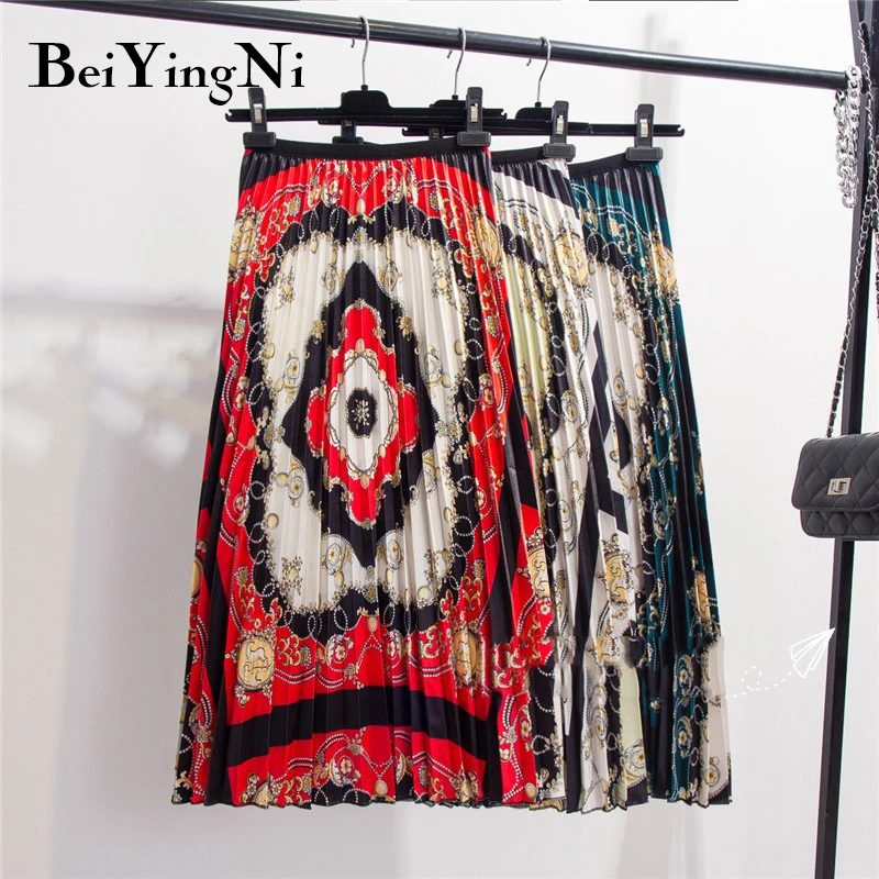 

Beiyingni Vintage High Street Skirt Woman Boho Europen Beach Summer Mid-calf Pleated Skirts A-line Street Saia Faldas Jupe Mujer