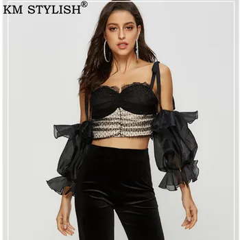 

2019 Summer Sexy Lady's Wild Lace Tube Top Shirt High Waist Short Organza Puff Sleeve Camis Tops