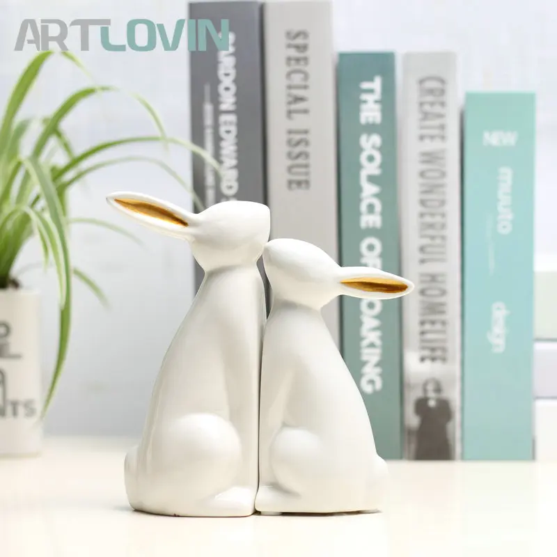 

Decorative Chinese Modern Ceramic Rabbit Figurines Golden Ear Couple Rabbit Miniatures Statue Creative Home Decoration Ornaments