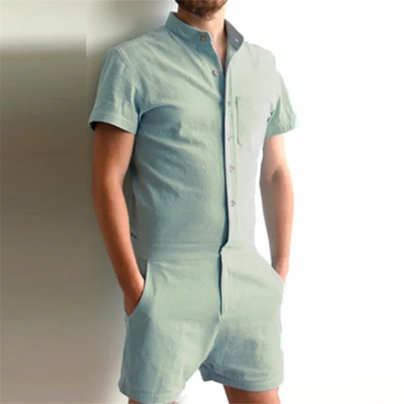 

Summer Men Overalls brand Rompers Fashion Solid color Short Sleeve One-piece suit Casual mens Single Breasted thin Jumpsuit