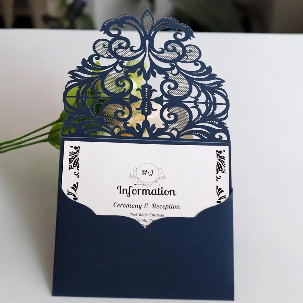  10Pcs European Style Lace Wedding Invitations Cards Blue Color Laser Greeting Card Wedding Engageme - 33024748620