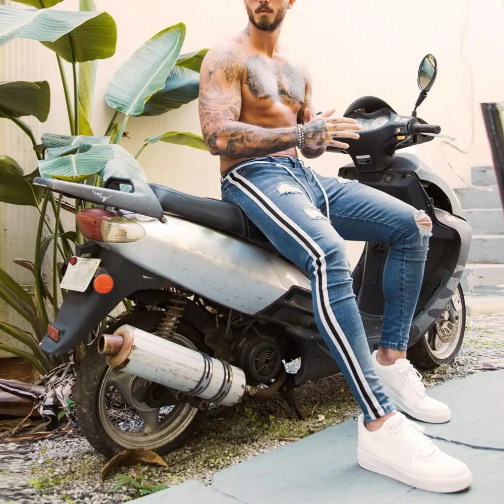 

Men's Fashion Casual Denim Straight Hole Trouser Distressed Jeans Long Pants