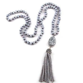 

Free Shipping Bohemian Tribal Jewelry Glass Crystal long Knotted Druzy Link Crystal Tassel Necklace 3 Color