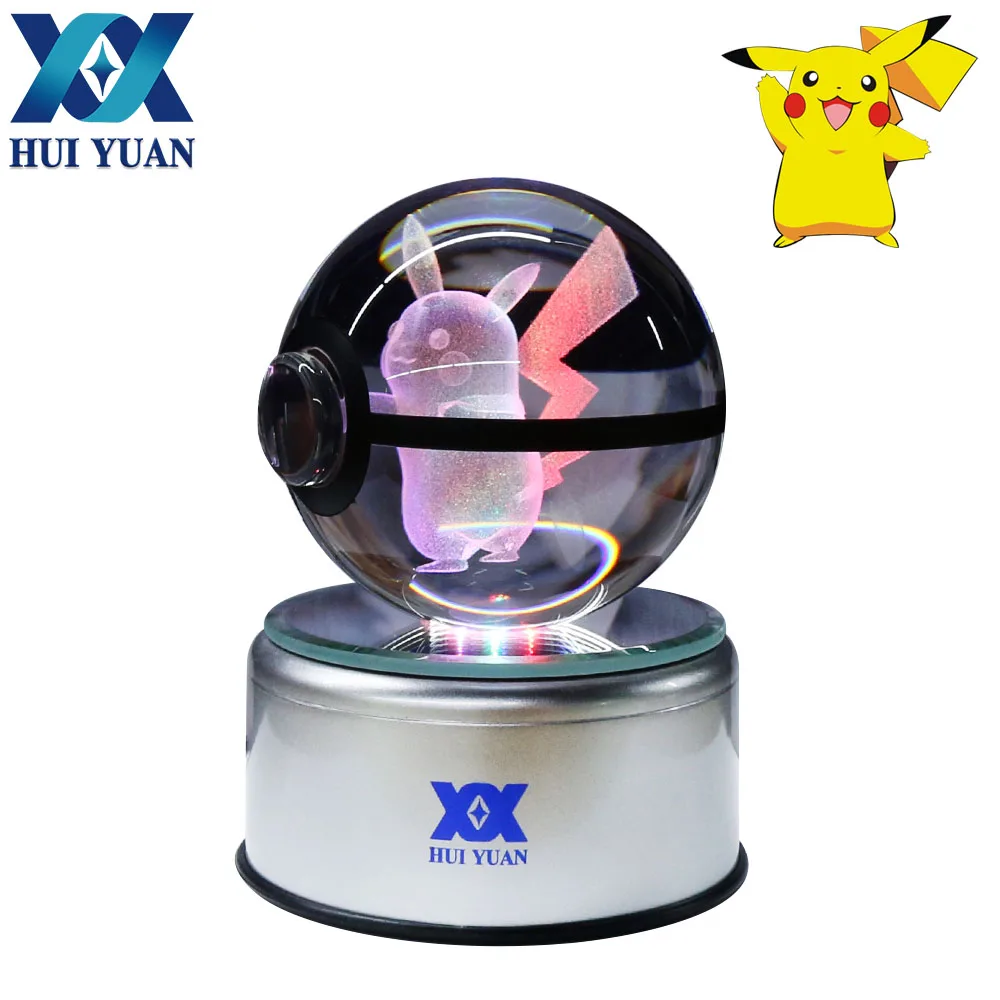 

HUI YUAN Pikachu Crystal Ball 8CM Rotary Base USB & Battery Powered 3D LED Night Light Desk Table Lamp Decorations