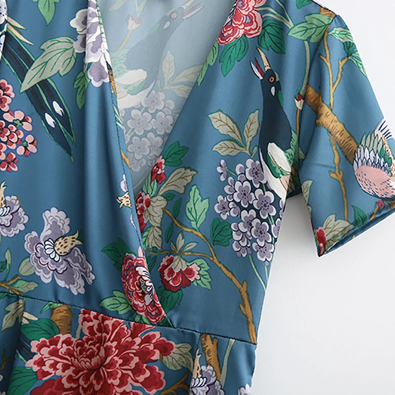 ShejoinSheenjoy Women Vintage Bird Floral Print Maxi Dress V neck Short Sleeve Side Zipper Retro Mid-Calf Casual Ladies Dresses (6)