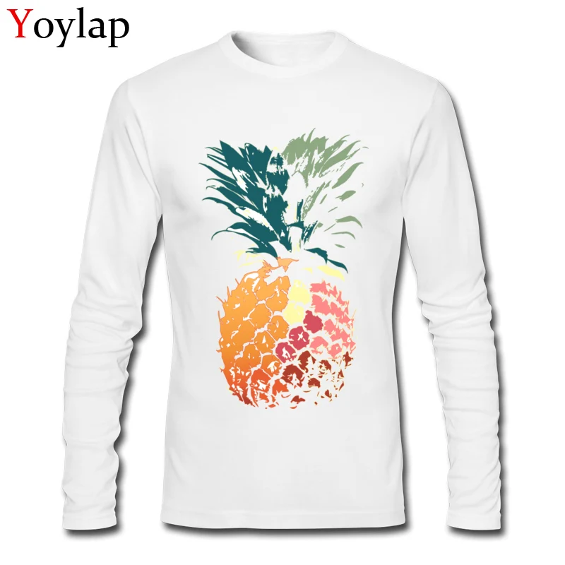 Crew Neck T-shirts Slim Fit Summer/Autumn Tops Tees Long Sleeve for Men Plain 100% Cotton Casual Print Sweatshirts Top Quality Nice drawn colored painted pineapple art white