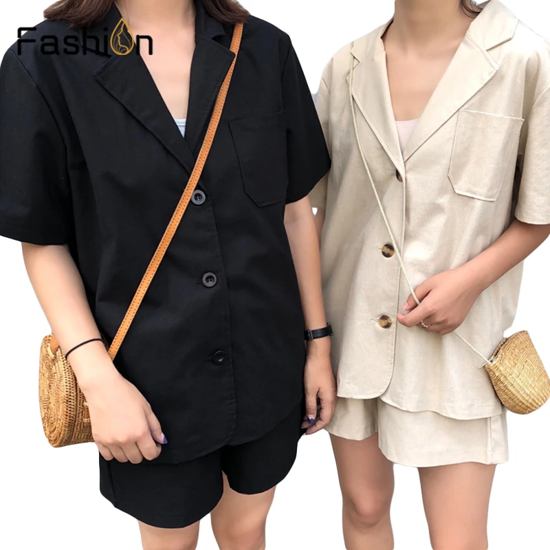 

Women Shorts Suits Notched Solid Jacket and Slim Mini Shorts Two Piece Set Short Sleeve Coat and Shorts Female Outfits Tracksuit
