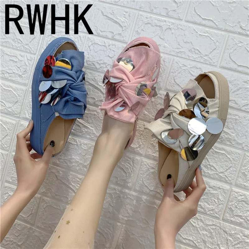 

RWHK 2019 spring and summer new canvas cross sequins open toe thick-soled slippers sandals casual shoes wear fashion shoes B137