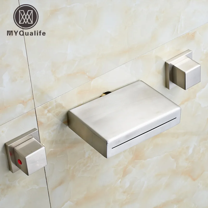 

Nickel Brushed Wall Mounted Basin Sink Mixer Taps Two Handle Bathroom Waterfall Tub Sink Crane Faucet