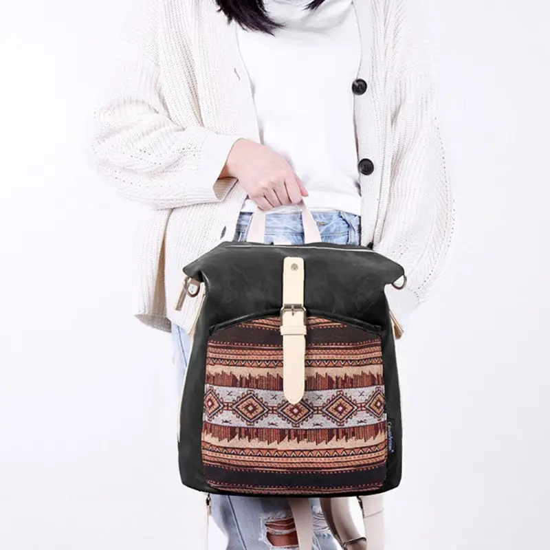 

Women's PU Leather Satchel Shoulder Ethnic Style Backpack School Rucksack Bags Travel